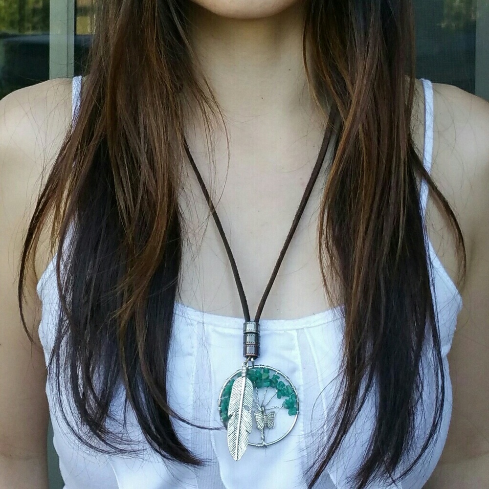 Green Tree Charm Boho Leather Necklace